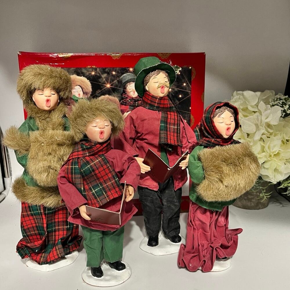 Vintage Christmas Family Home For The Holidays Fabric Mache Carolers Set of Four